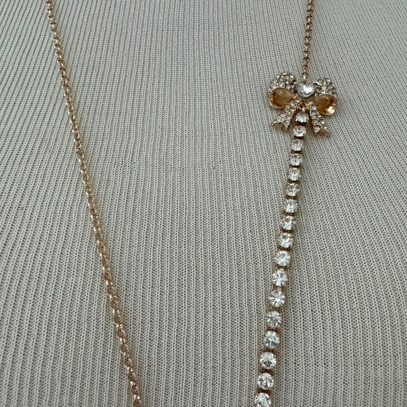 Betsey Johnson Pink Strawberry Red Rhinestone Long Necklace Gold Tone - Picture 5 of 9